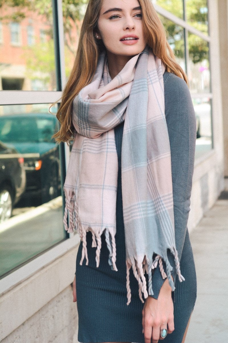 Oversized Flannel Tassel Scarf Scarves Pink