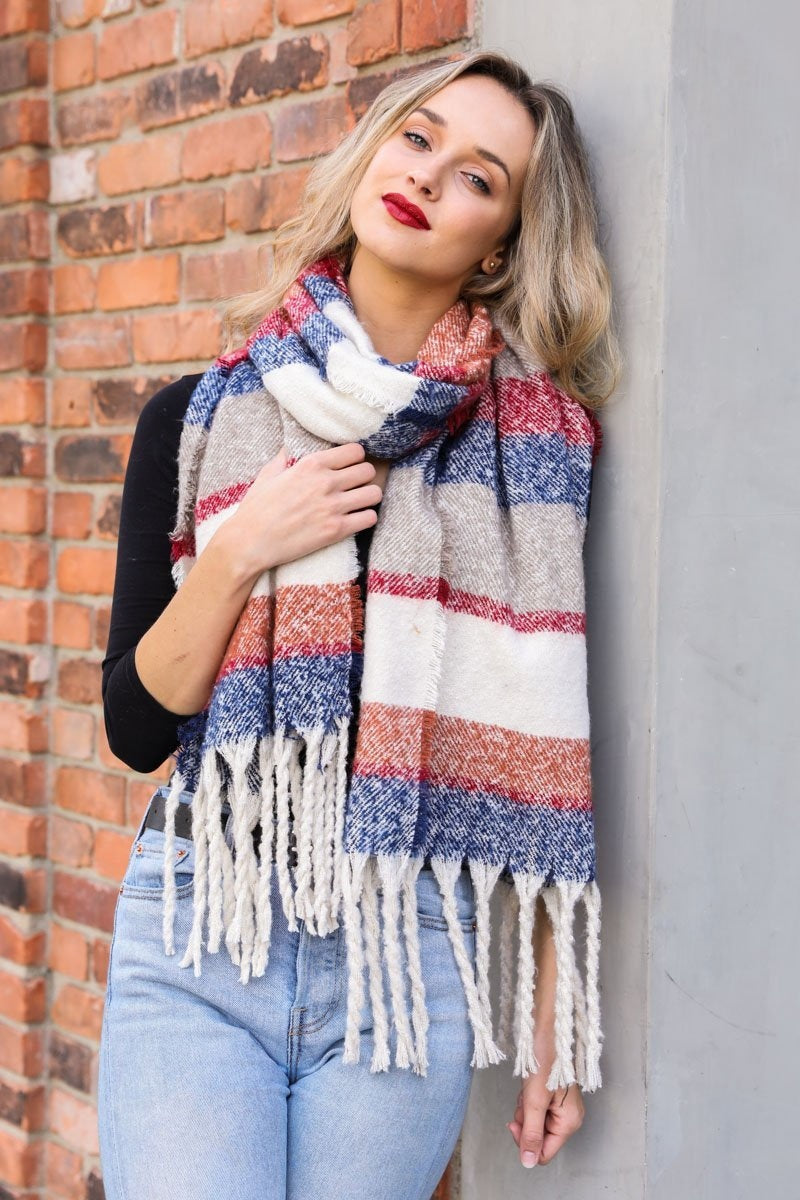 Oversized Stripe Tassel Scarf Scarves Blue