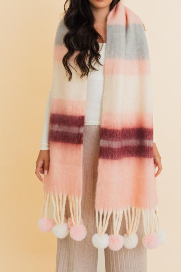 Chunky Pom Pom Striped Blanket Cozy Scarf - Purple