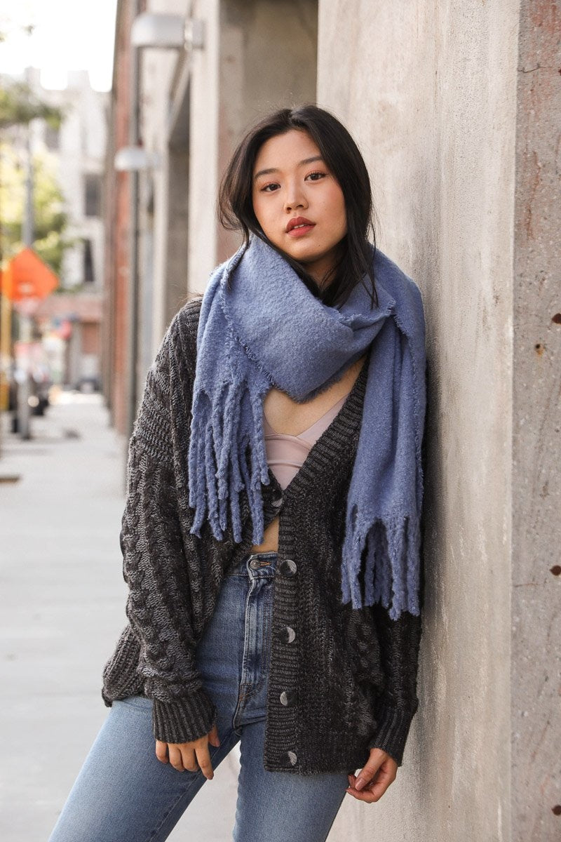 Tassel Trim Blanket Scarf Scarves Blue