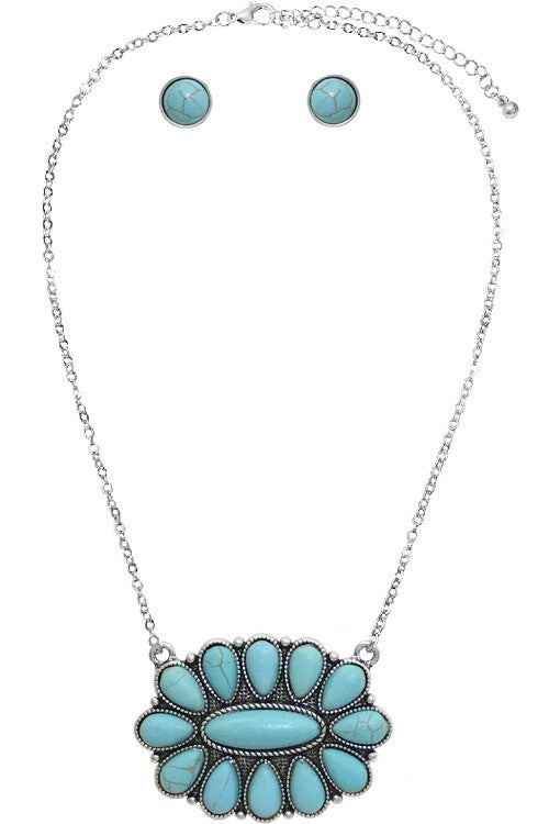 Western Turquoise Flower Pendant Necklace Set